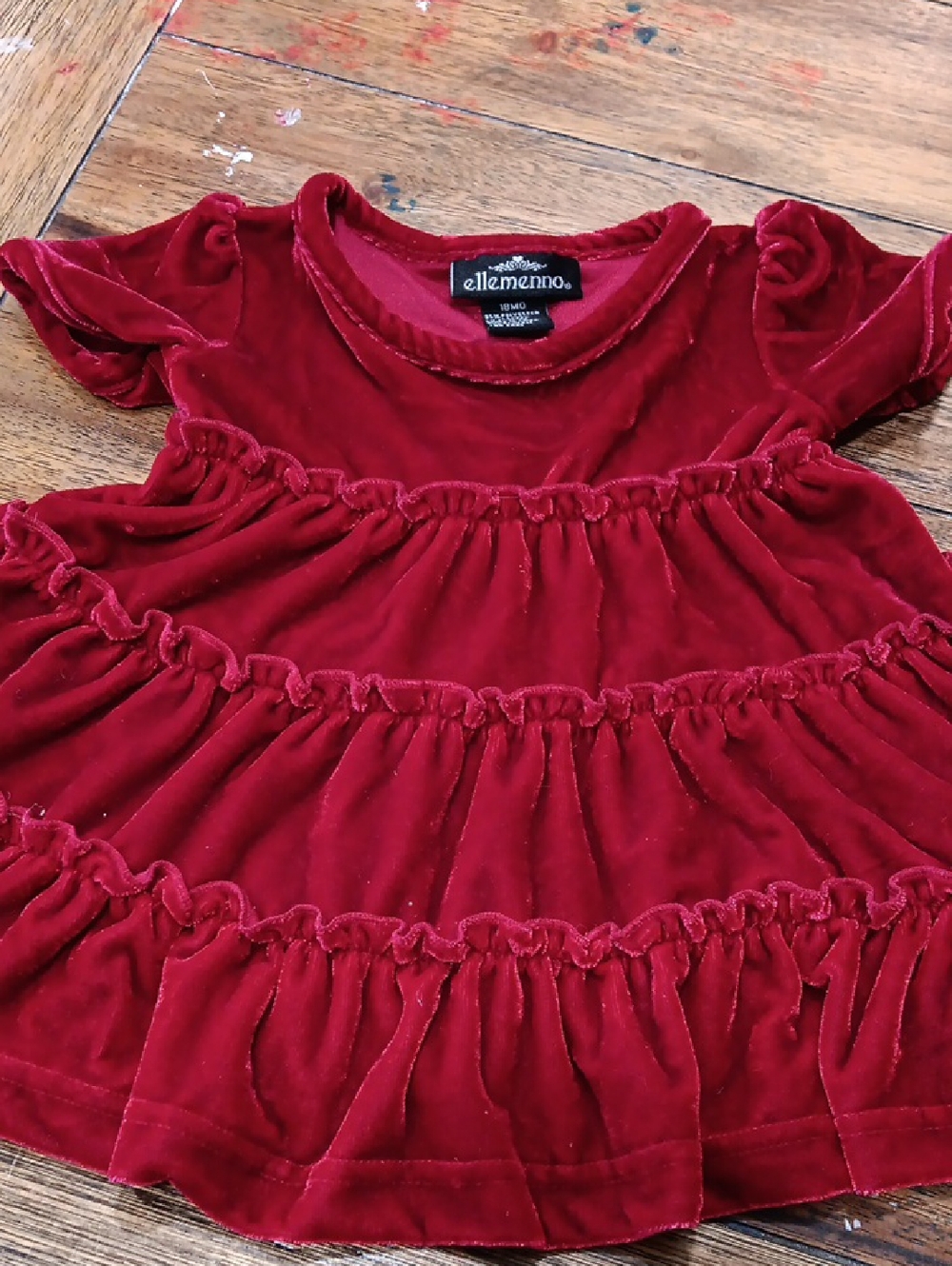 ellemenno Deep Red Velvet Ruffle Baby Dress